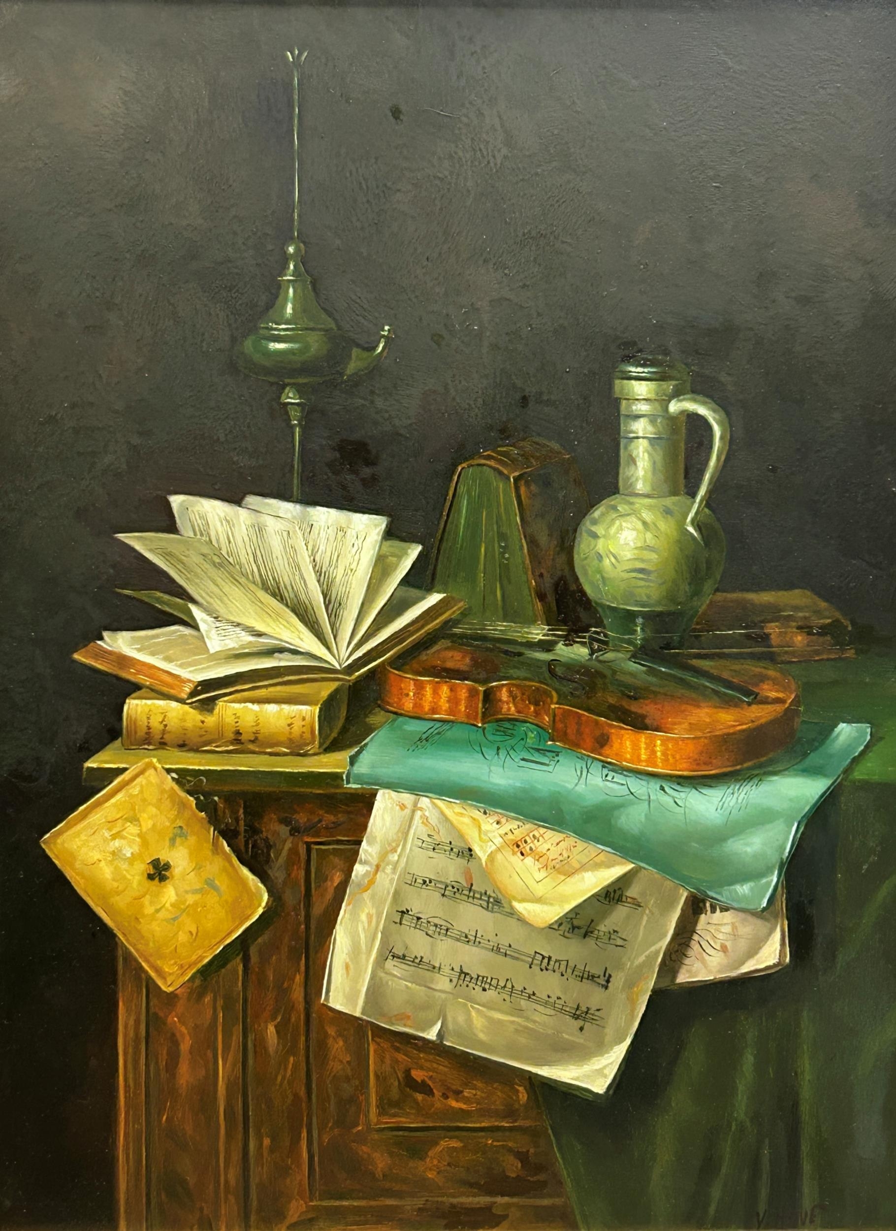 V* Hove (20th century) - still life of book, violin lamp etc, signed, oil on panel, 39 x 29cm,