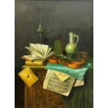 V* Hove (20th century) - still life of book, violin lamp etc, signed, oil on panel, 39 x 29cm,