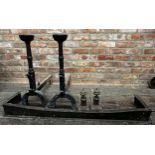 Mixed antique fire lot comprising pair of substantial cast iron andirons, 70cm high, pair of fire