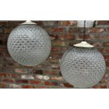 Good quality Art Deco style pair of glazed pendant lights with geometric pressed decoration, 26cm