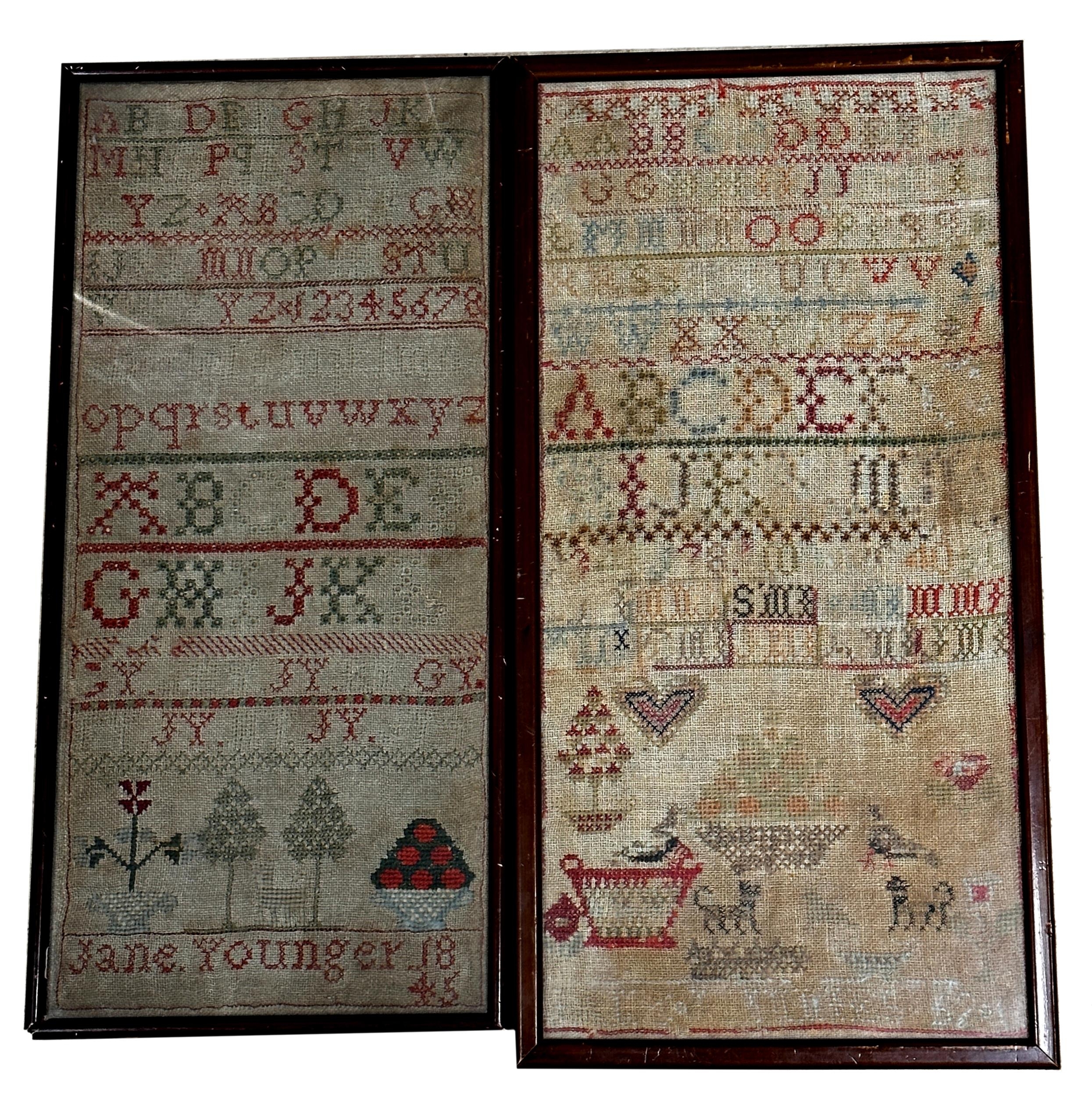 Victorian needlework sampler by Jane Younger, 42 x 19cm together with an earlier sampler with hearts