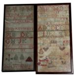 Victorian needlework sampler by Jane Younger, 42 x 19cm together with an earlier sampler with hearts