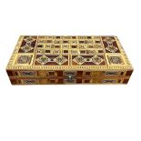 Early 20th century parquetry backgammon games box, with huge chips and dice, 51 x 50cm (opened)