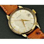 Vintage gents Waltham Automatic 9ct gold wristwatch, 34mm case, cream dial with Arabic and baton
