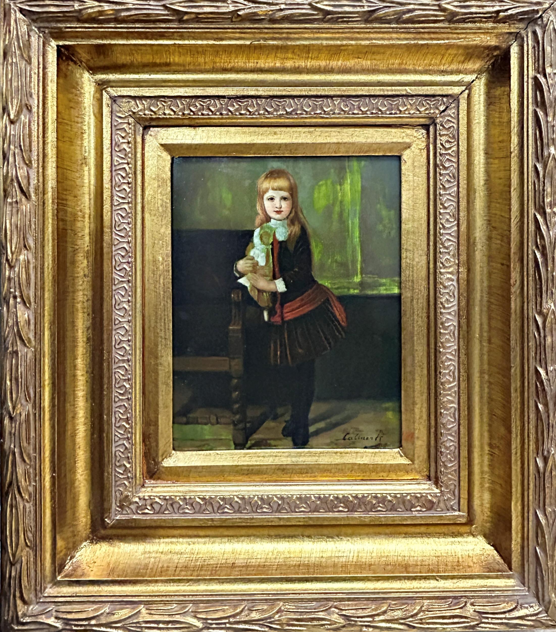 20th century school - portrait of a standing girl holding a doll, indistinctly signed, oil on board, - Image 2 of 3