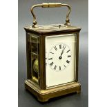 French R & Co of Paris repeater carriage clock, brass case, enamel dial with roman numerals,