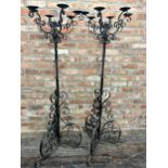 Good pair of wrought iron five brand floorstanding candelabras, 161cm high