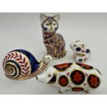 Four Royal Crown Derby animals - pig, cat, snail and field mouse, the cat 13cm high (4)