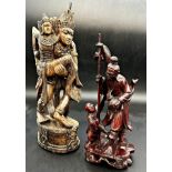 Eastern hardwood of two theatrical figures, 32cm high with Japanese carving of fisherman and boy (2)