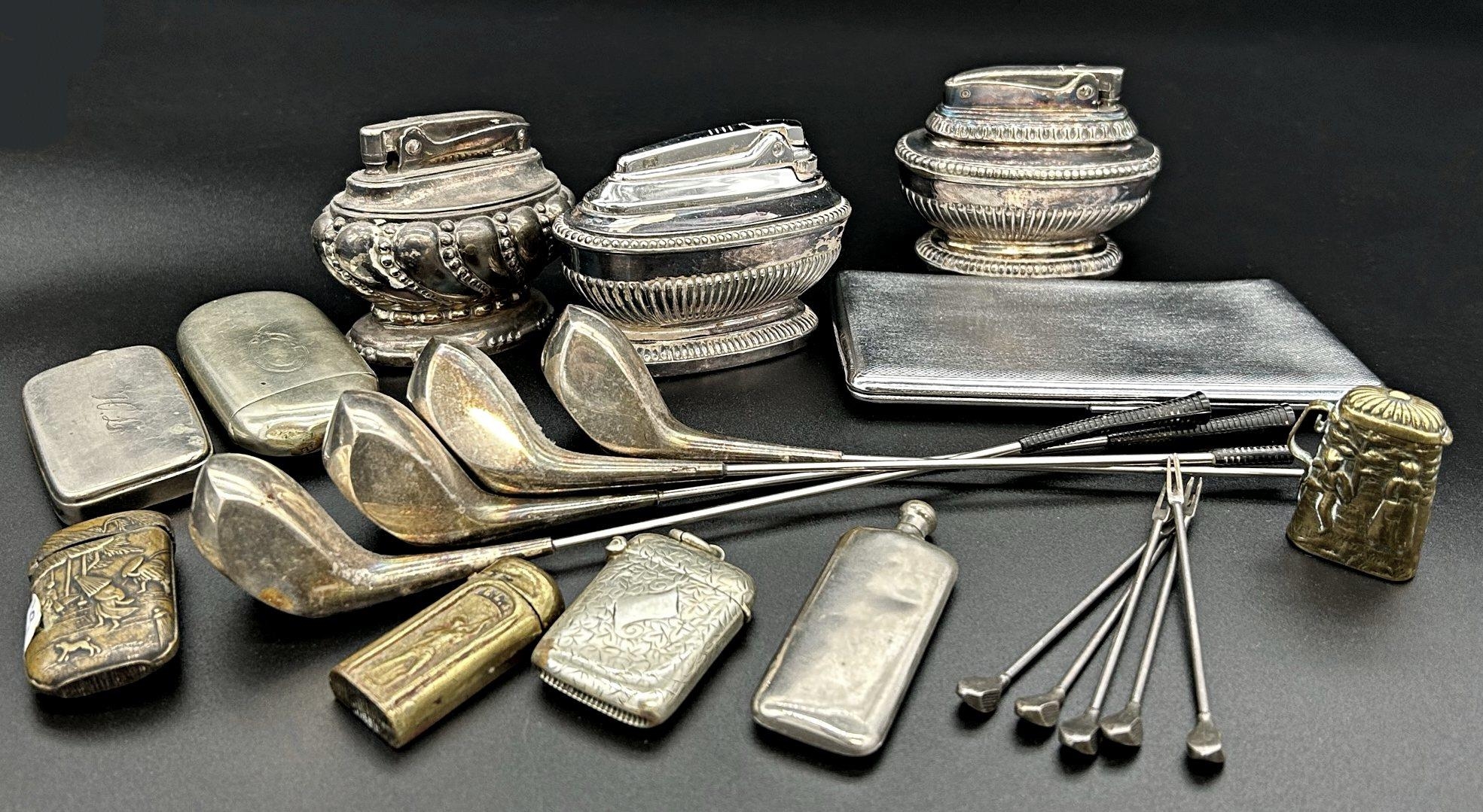 Mixed collection of cabinet silver plated items to include three Ronson lighters, set of four