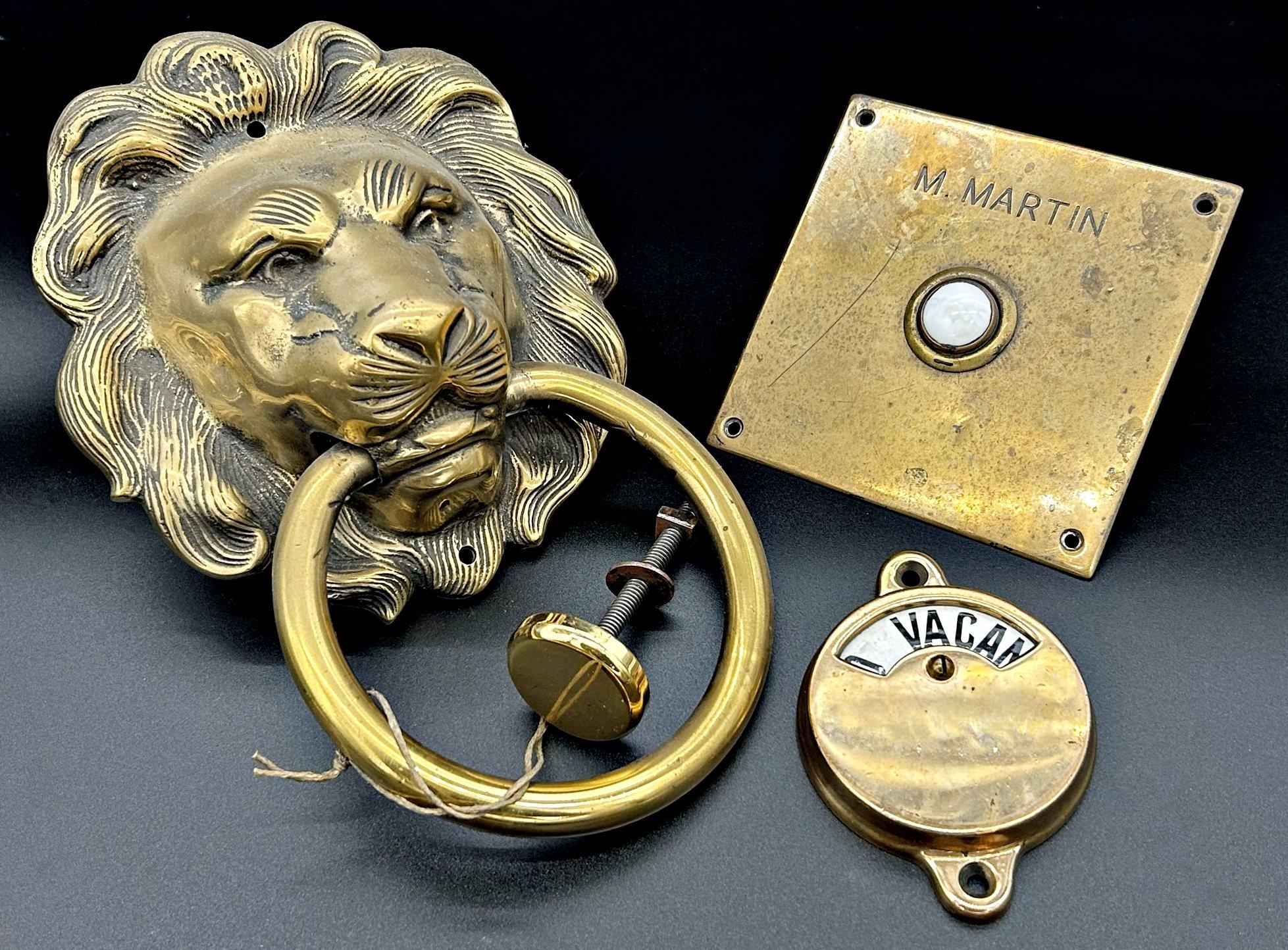 Cast brass lion head door knocker and striker, 25 x 16cm with ceramic doorbell and Vacant & Engage