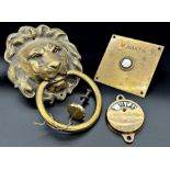 Cast brass lion head door knocker and striker, 25 x 16cm with ceramic doorbell and Vacant & Engage