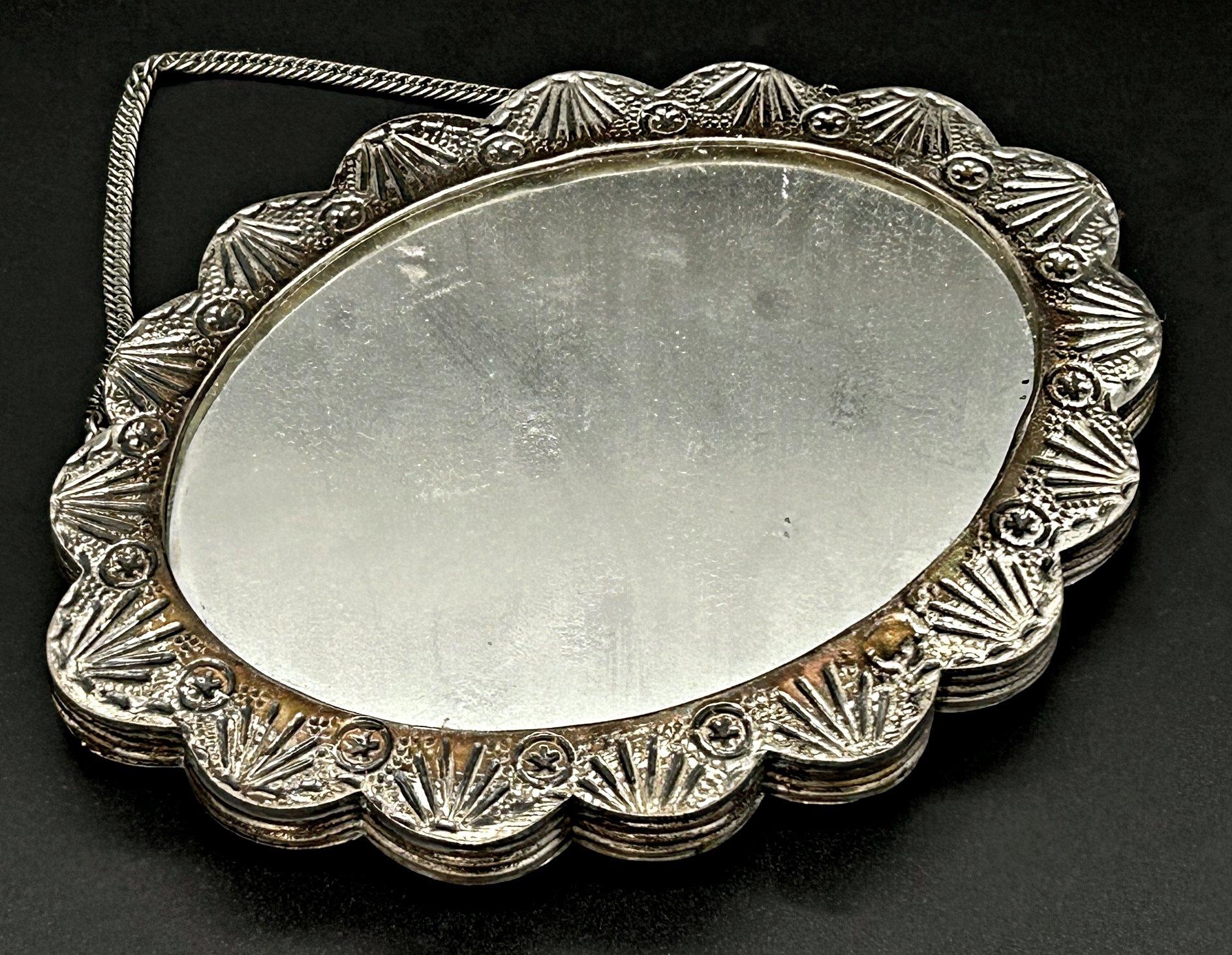 Turkish '900' Bedo silver wedding mirror, geometric repousse floral decoration, 17cm wide