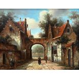 David Ronald (20th century) - Flemish village landscape with figures, signed, oil on board, 22 x