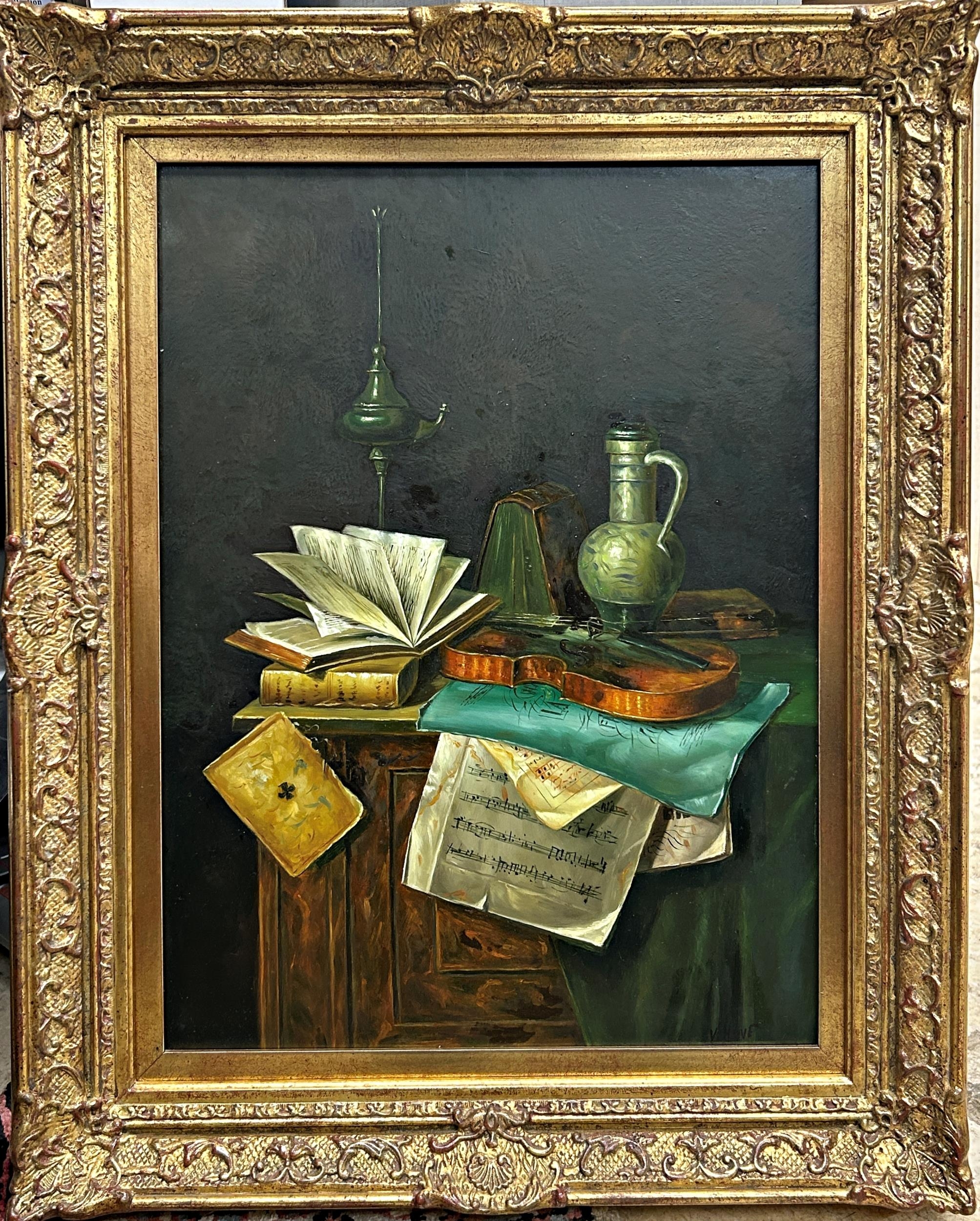 V* Hove (20th century) - still life of book, violin lamp etc, signed, oil on panel, 39 x 29cm, - Image 2 of 2