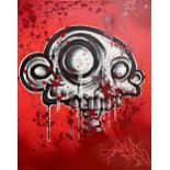 21st century Urban Art - bust portrait of a surreal skeleton, indistinctly tagged, work on canvas,