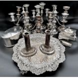 Five pairs of good antique Sheffield and silver plated candlestick and three candelabras and a