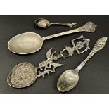 American sterling silver novelty spoon mounted by a stork, with three further silver or white