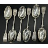 Set of six 1920s bright cut fiddle dessert spoons, maker Charles T Maine, London 1929, 8oz approx