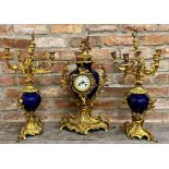 20th century French ormolu and enamel clock garniture, the clock with twin train drum head movement,