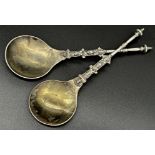 Good quality pair of Victorian silver knop spoons, cast with maiden heads and gilt highlights, maker