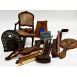 Good collection of treen and wooden items to include - miniature bergère chair, Mauchlineware