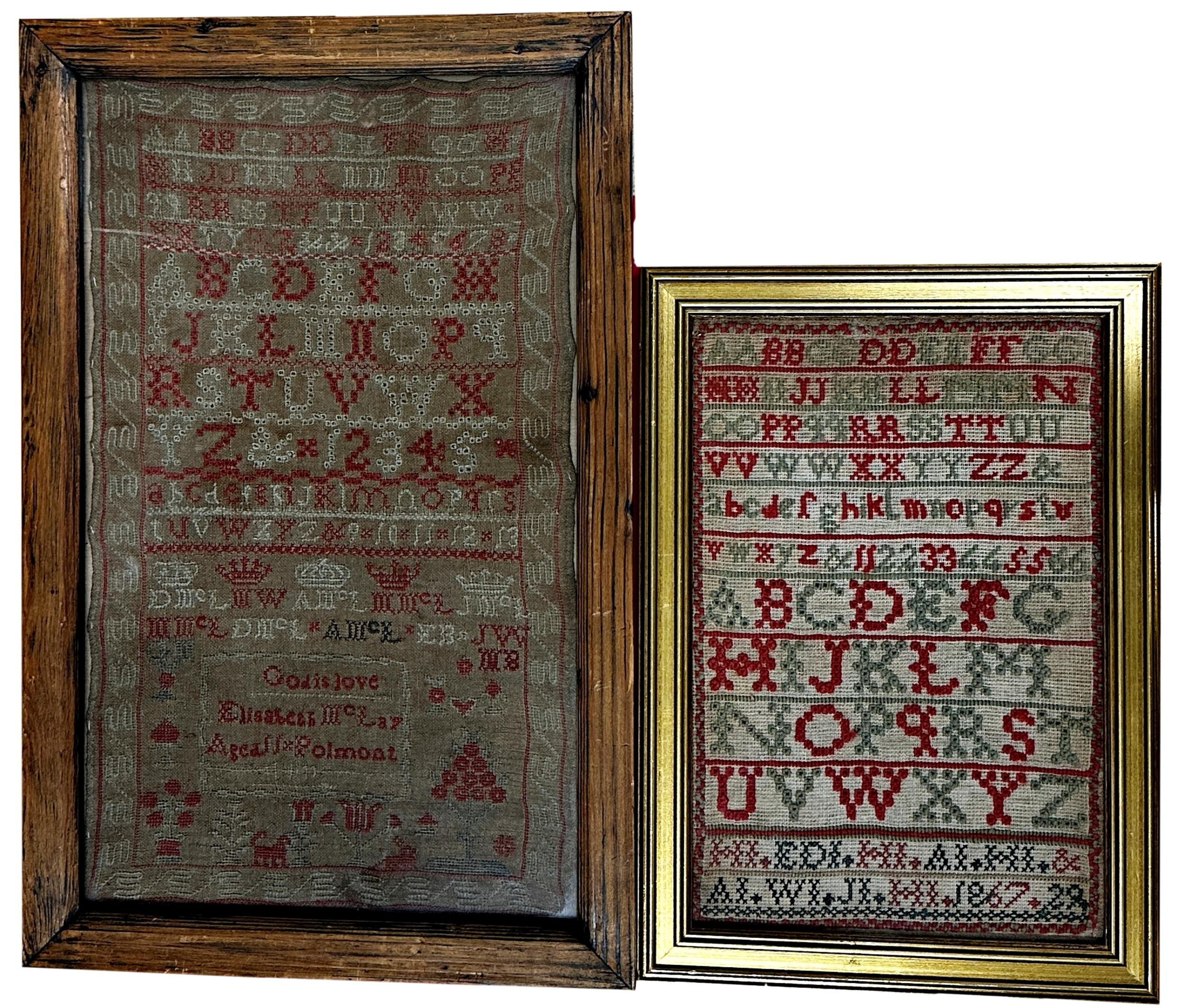 Early 19th century needlework sampler by Elisabeth McLay aged 11, 43 x 26cm, together with a