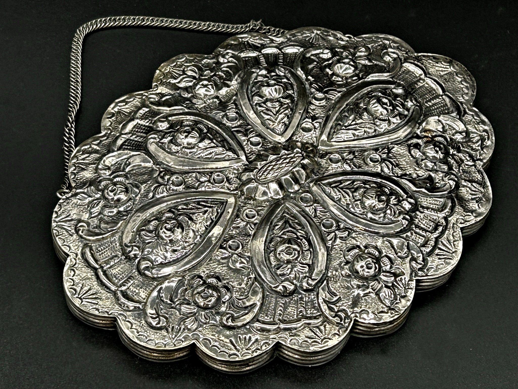 Turkish '900' Bedo silver wedding mirror, geometric repousse floral decoration, 17cm wide - Image 2 of 2