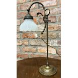 Good brass rise and fall students lamp with vaseline glass petal shade, 53cm high