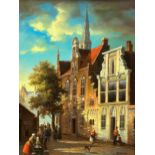 G* Schroter (20th century) - Flemish townscape with figures, signed, oil on board, 39 x 29cm, framed