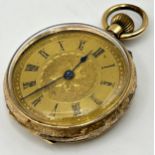 Antique 14k Swiss fob watch, 35mm case, engraved gilt dial, gold plated dust cover, 27.2g gross (af)