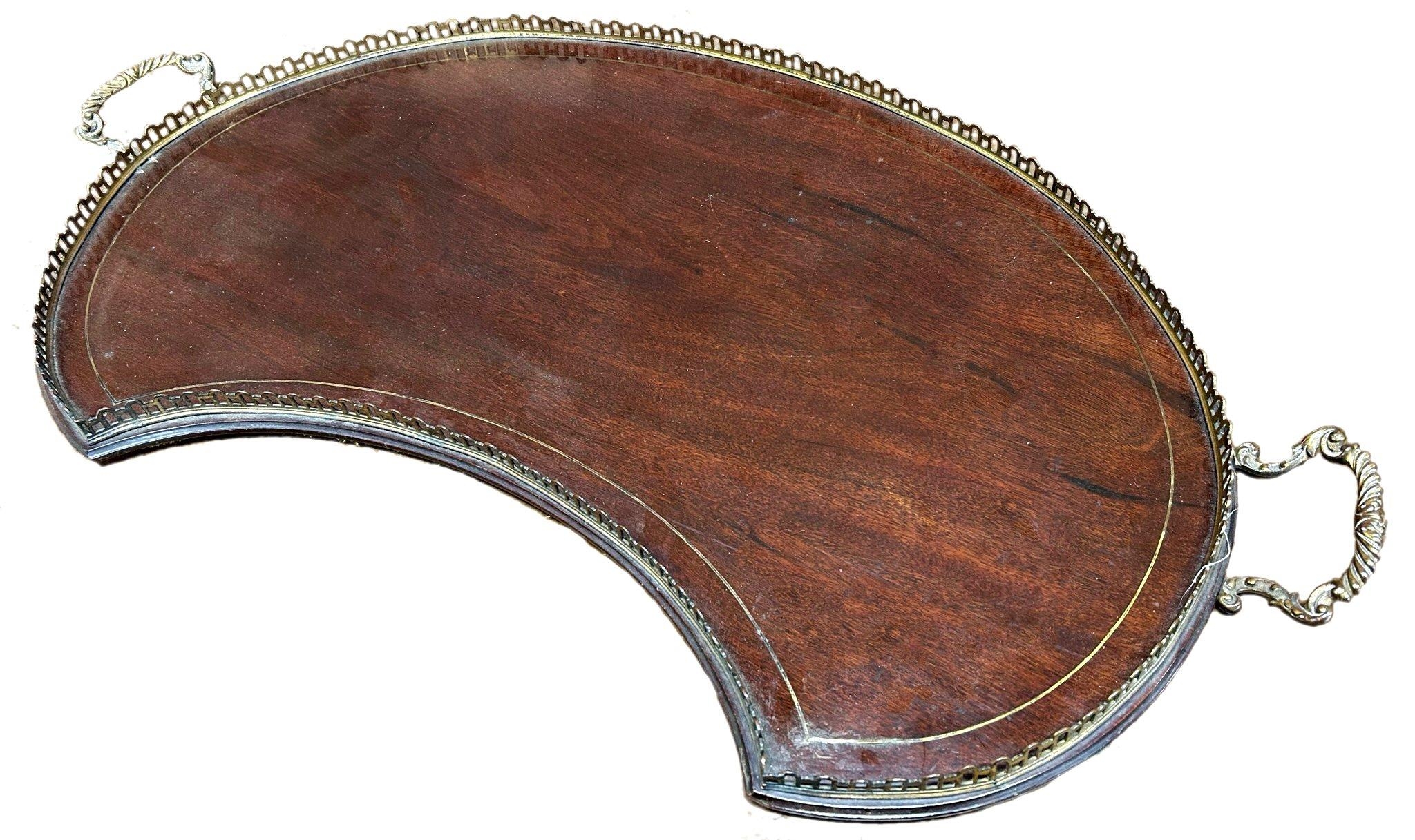 19th century rosewood and brass inlaid kidney shaped twin handled gallery tray, 76.5cm long