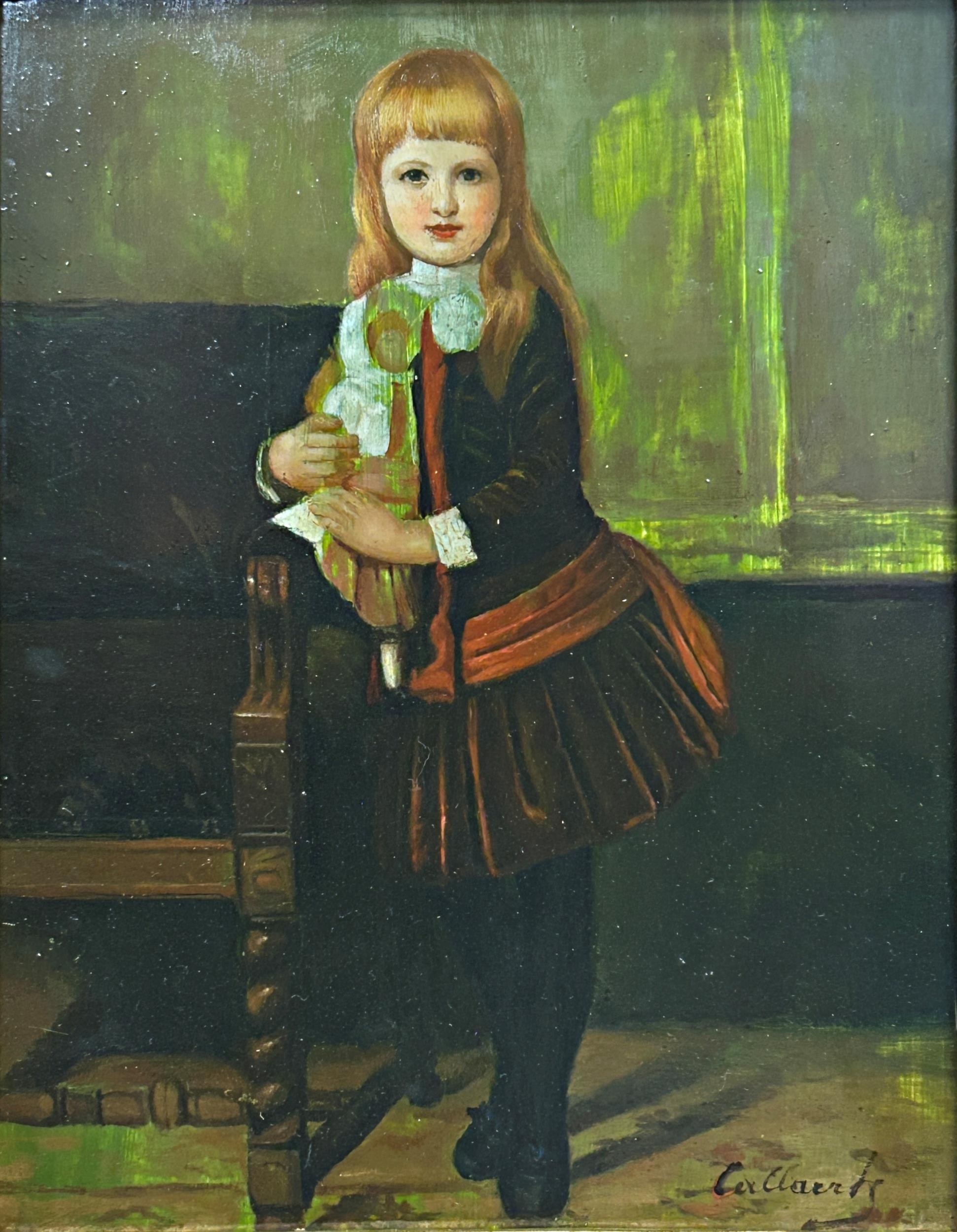 20th century school - portrait of a standing girl holding a doll, indistinctly signed, oil on board,