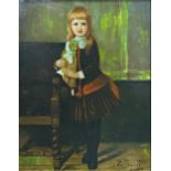 20th century school - portrait of a standing girl holding a doll, indistinctly signed, oil on board,