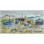 Luke Piper (born 1966) - boats on a pebble beach, signed and dated '05, mixed media on paper, 19x