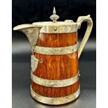 Good quality oak and silver plated coopered jug, with porcelain interior, inscribed 'OUAC 1890 1/4