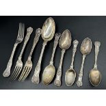 Collection of 19th century silver kings pattern flatware - 3 table forks, table spoon, 2 dessert
