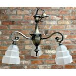 Brass three branch ceiling light with three stepped glass shades