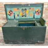 Impressive 19th century Seamans chest with original green paint, the hinged green lid enclosing a