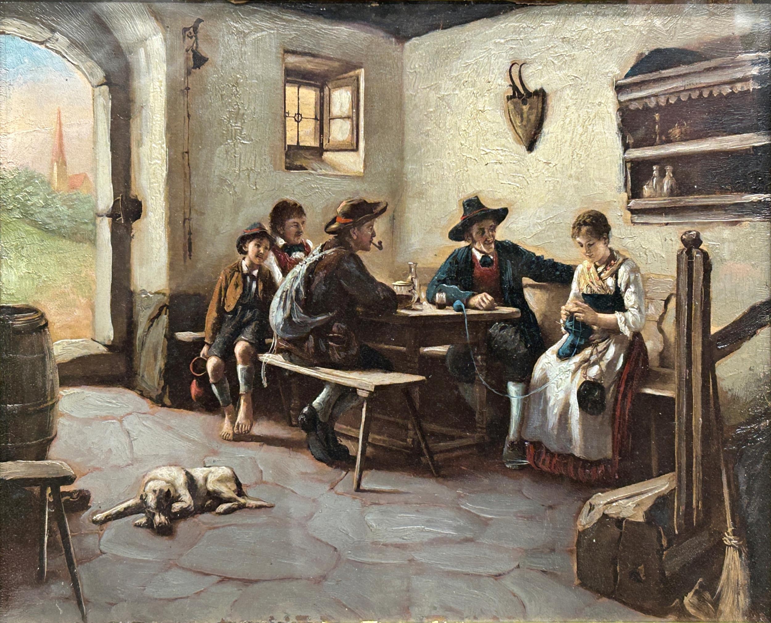 19th century Austrian school - Interior tavern scene, unsigned, oil on panel, 20 x 25cm, giltwood