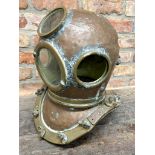 Good antique cast copper and brass deep sea diving helmet, with three glass portholes, 44cm high x