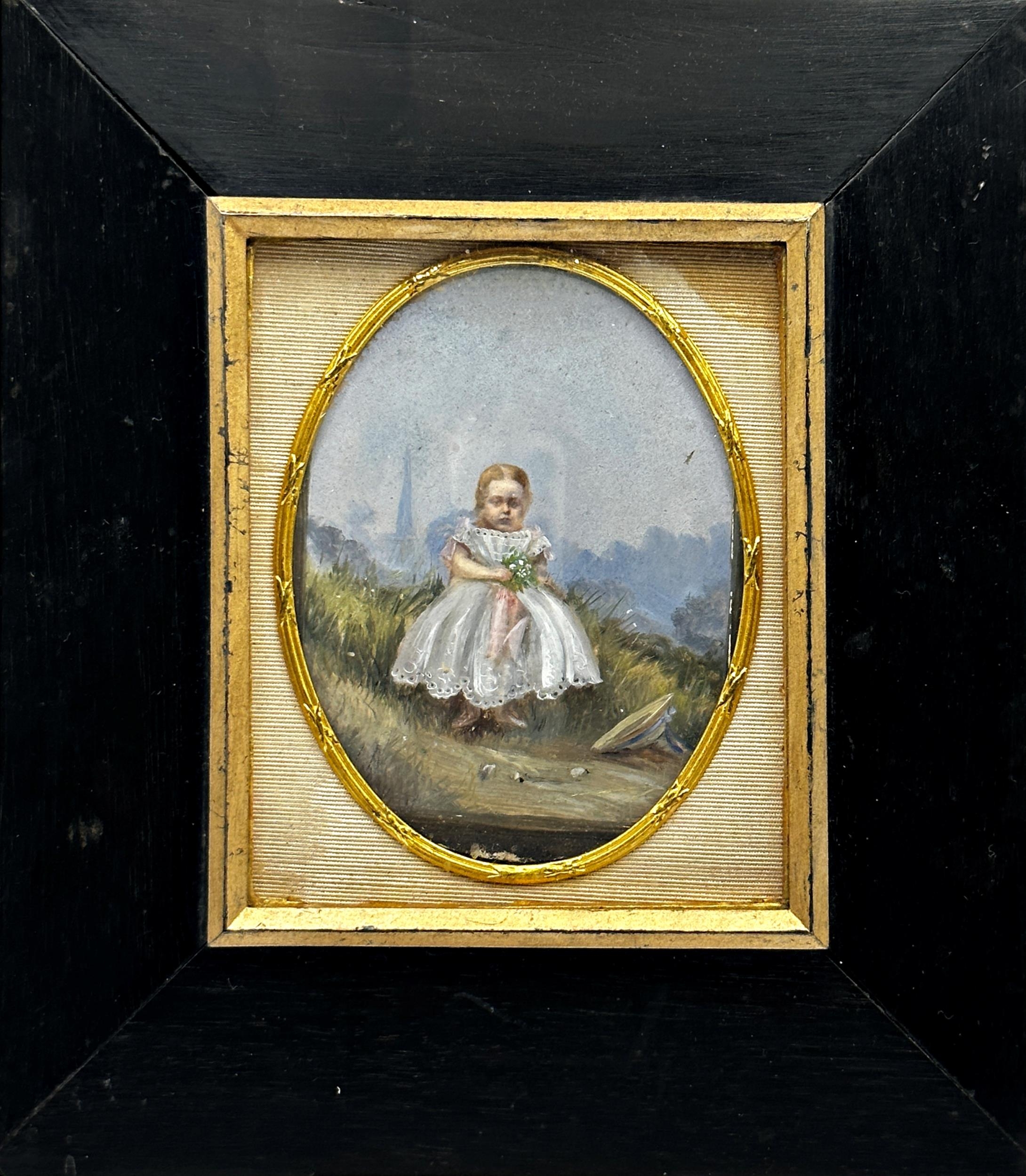 19th century school - portrait of young girl holding a bouquet, indistinctly inscribed verso 'Olga