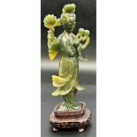 Chinese spinach jade Guan Yen, bespoke stand, 23cm high