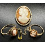 Two 9ct shell cameo rings with a further cameo brooch, 9.5g gross