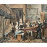 18th century Dutch school - Interior scene of a rigged game of cards, unsigned, watercolour, 22 x