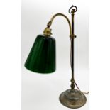 Good brass rise and fall student's lamp with emerald green shade, 56cm high