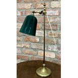 Good brass rise and fall students lamp, with emerald green shade, 63m high