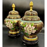 Pair of good quality lidded cloisonné baluster vases, decorated with lotus flowers, bespoke stand,