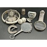 Mixed collection of silver to include Asprey eye glass, money clip, menu holder, thimble,