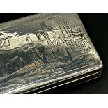 Good quality provincial Dutch silver tobacco box, the hinged lid engraved with a folk art scene of